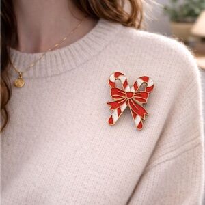 Brooch Candy Cane Vintage 1980s Red White Enamel and Metal Pin